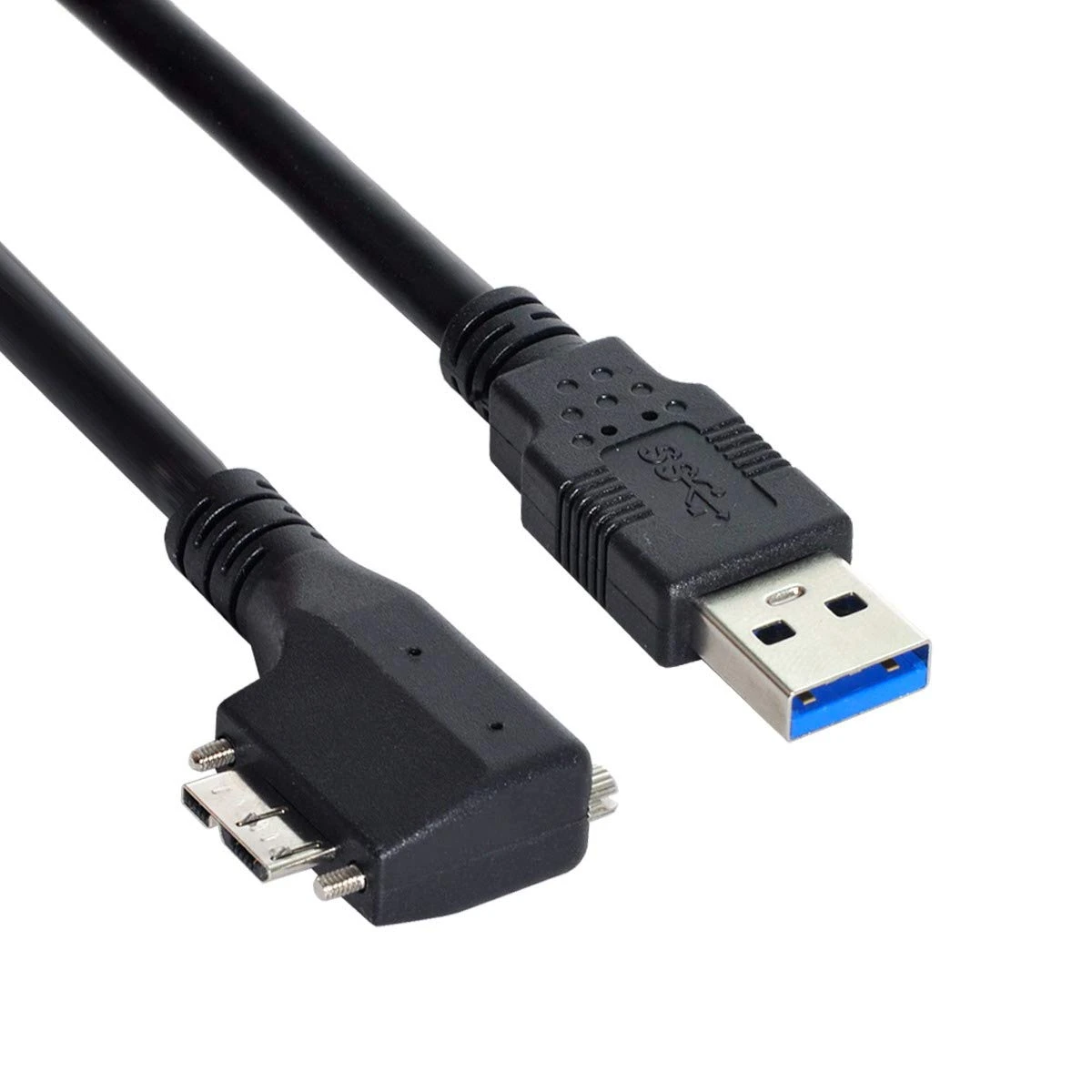 USB 3.0 A Male to Micro B Left Angled 90 Degree Cable with Locking Screws USB 3.0 A Male to Micro B Left Angled 90 Degree Cable with Locking Screws